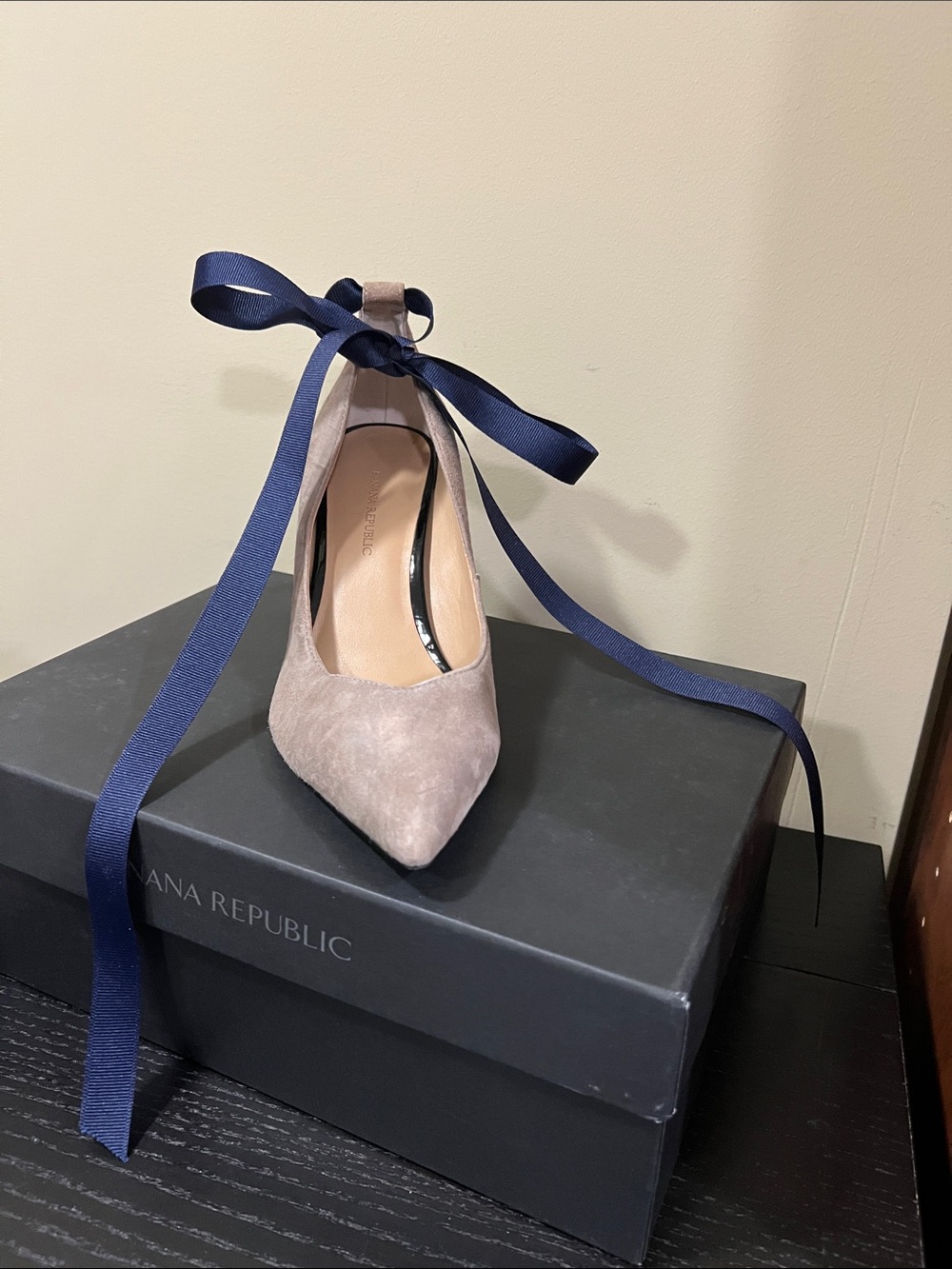 Banana Republic Taupe Suede Pointed Pump with Navy Ankle Ribbon